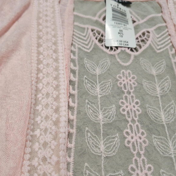 TORRID Nwt 3/4 Sleeve Lace Back Open Front Knit Cardigan, Peach Pink, 00 , M/L - Picture 9 of 16